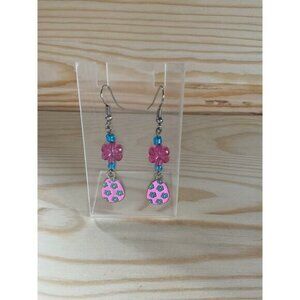 Pink & Blue Floral Easter Egg Tear Drop Earrings With Beaded Accents